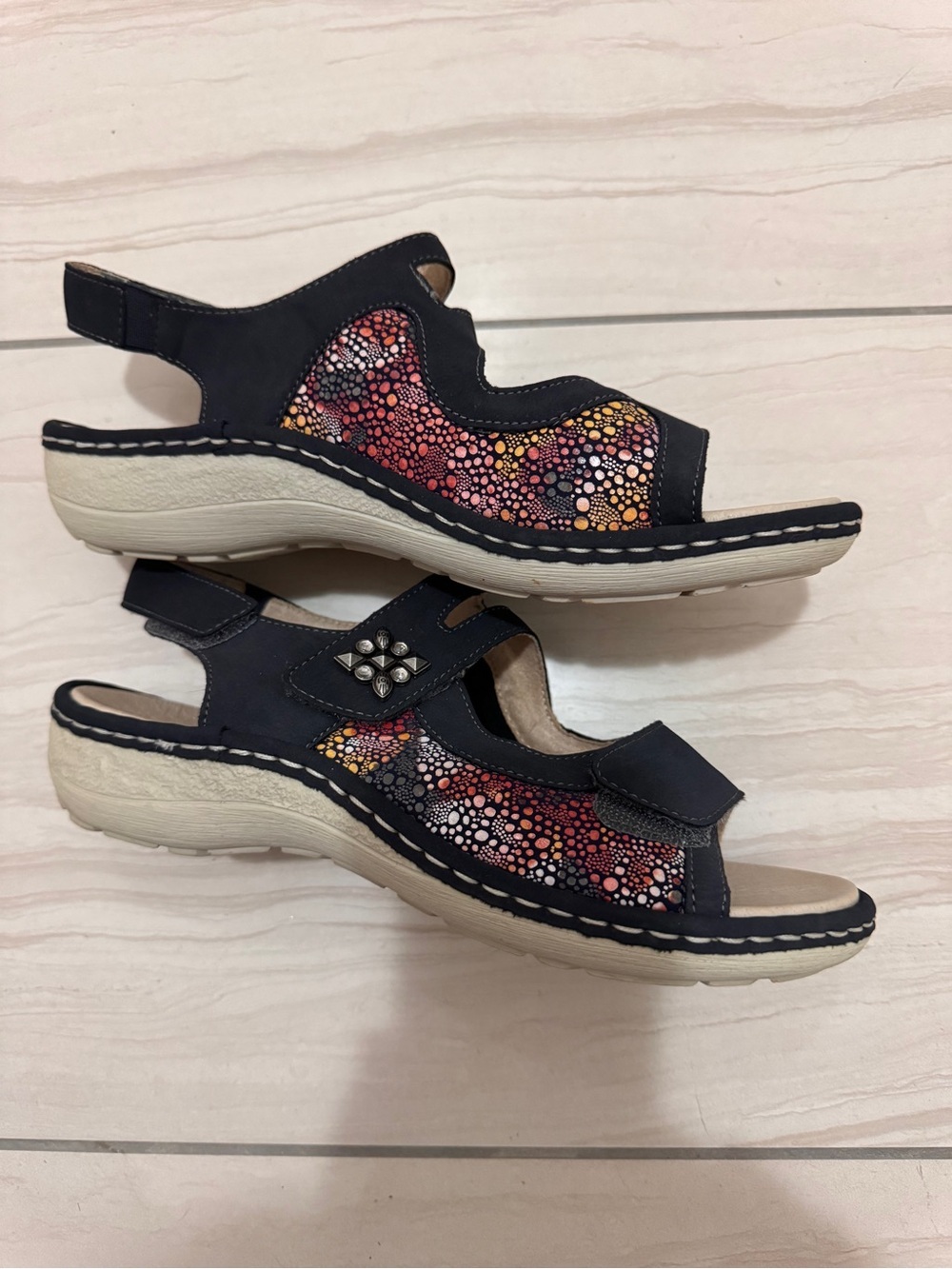 Remonte Navy Blue Sandals with Multicolor Accent Adjustable Velcro Straps Sz 38 - Picture 3 of 9